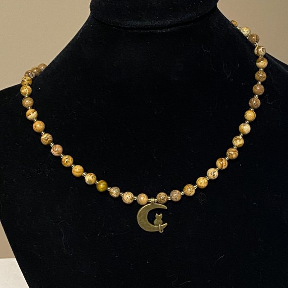 Jasper Stone Bronze Cat on the Moon Necklace, Genuine Gemstone Beaded Necklace - Picture 2 of 10